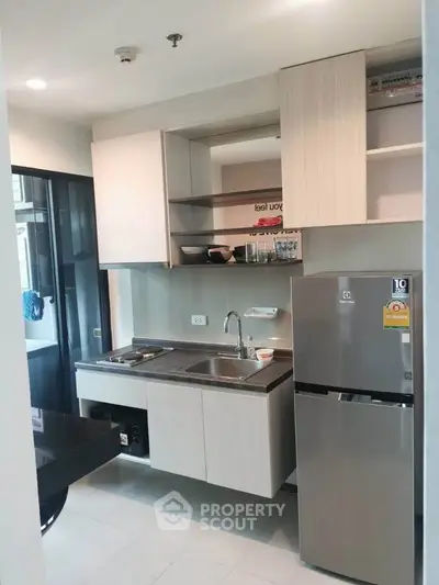 Modern compact kitchen with sleek cabinetry and stainless steel appliances