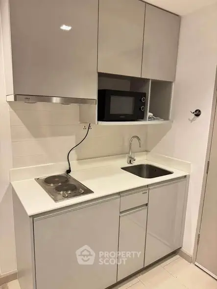 Modern compact kitchen with sleek cabinetry and built-in microwave, ideal for urban living.