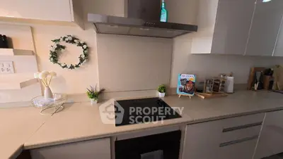 Modern kitchen with sleek countertops and electric stove, featuring stylish decor and ample storage.