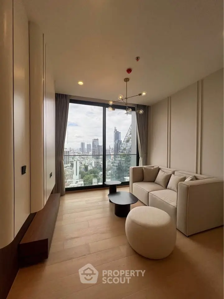 Modern living room with panoramic city view and elegant furnishings
