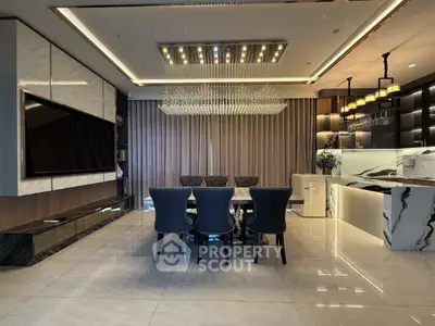 Luxurious modern dining room with elegant chandelier and marble accents