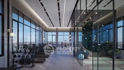 Luxurious high-rise gym with panoramic city views and modern equipment.