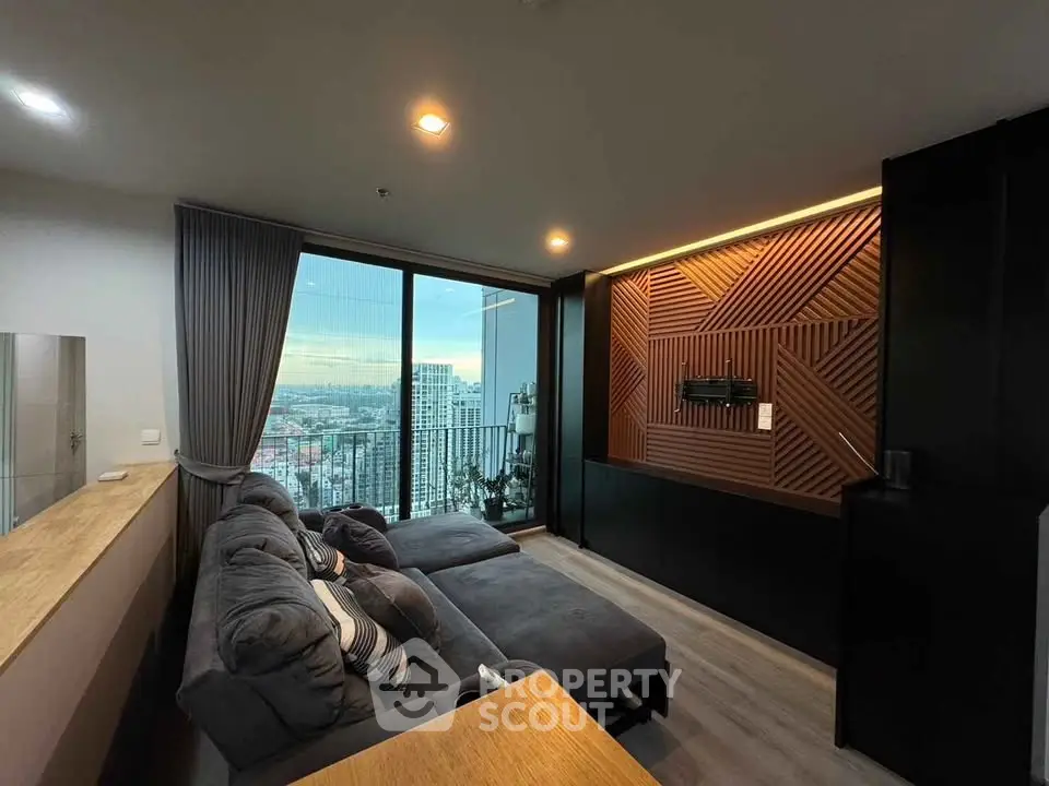 Luxurious living room with stunning city view and modern design