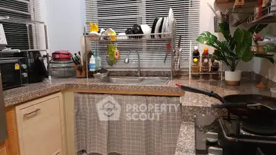 Charming kitchen with granite countertops and organized dish rack, perfect for culinary enthusiasts.