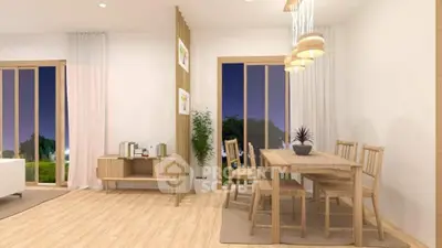 Modern dining area with wooden furniture and elegant lighting