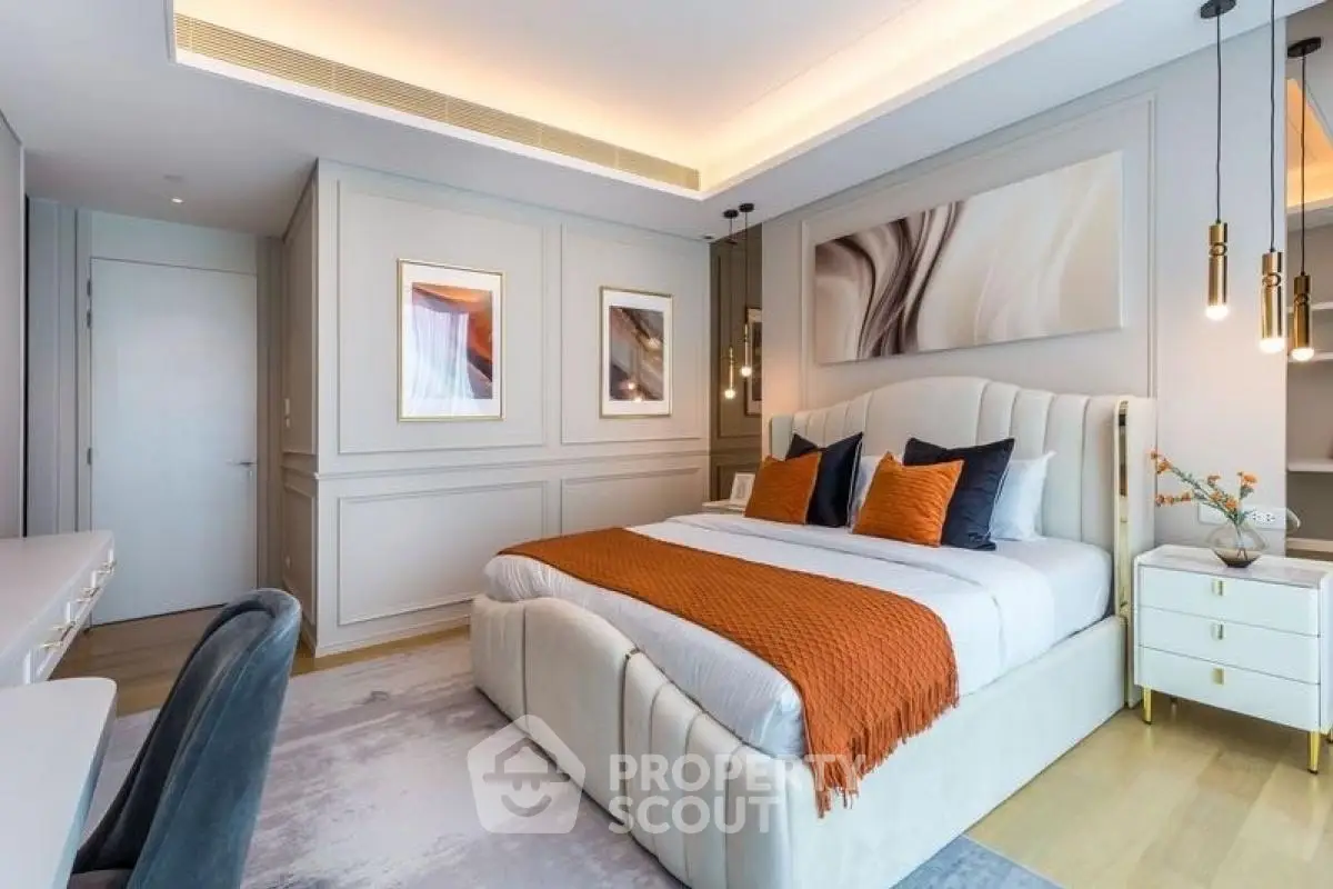 Luxurious modern bedroom with elegant decor and ambient lighting