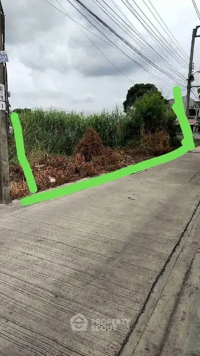 Vacant land plot with potential for development, featuring roadside access and lush greenery.
