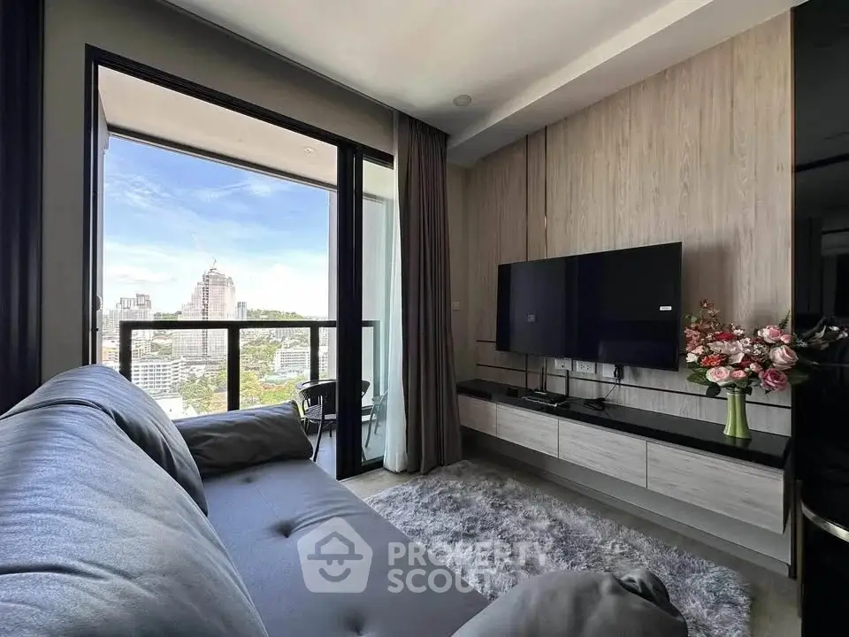 Modern living room with city view and sleek decor