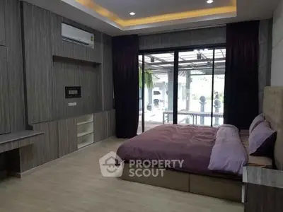 Spacious modern bedroom with large windows and elegant decor