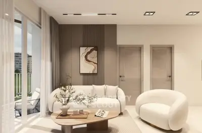 Modern living room with elegant furniture and balcony view, featuring neutral tones and stylish decor.
