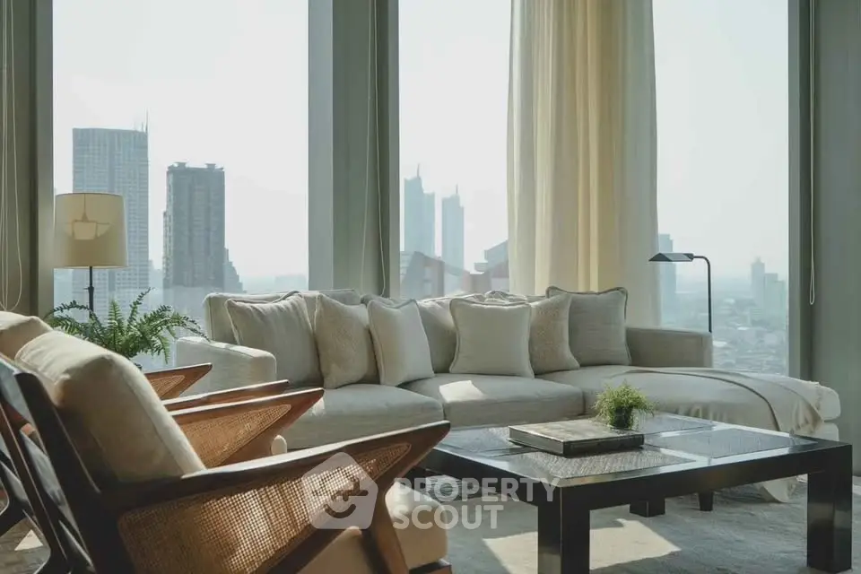 Luxurious living room with panoramic city view, elegant furniture, and abundant natural light.