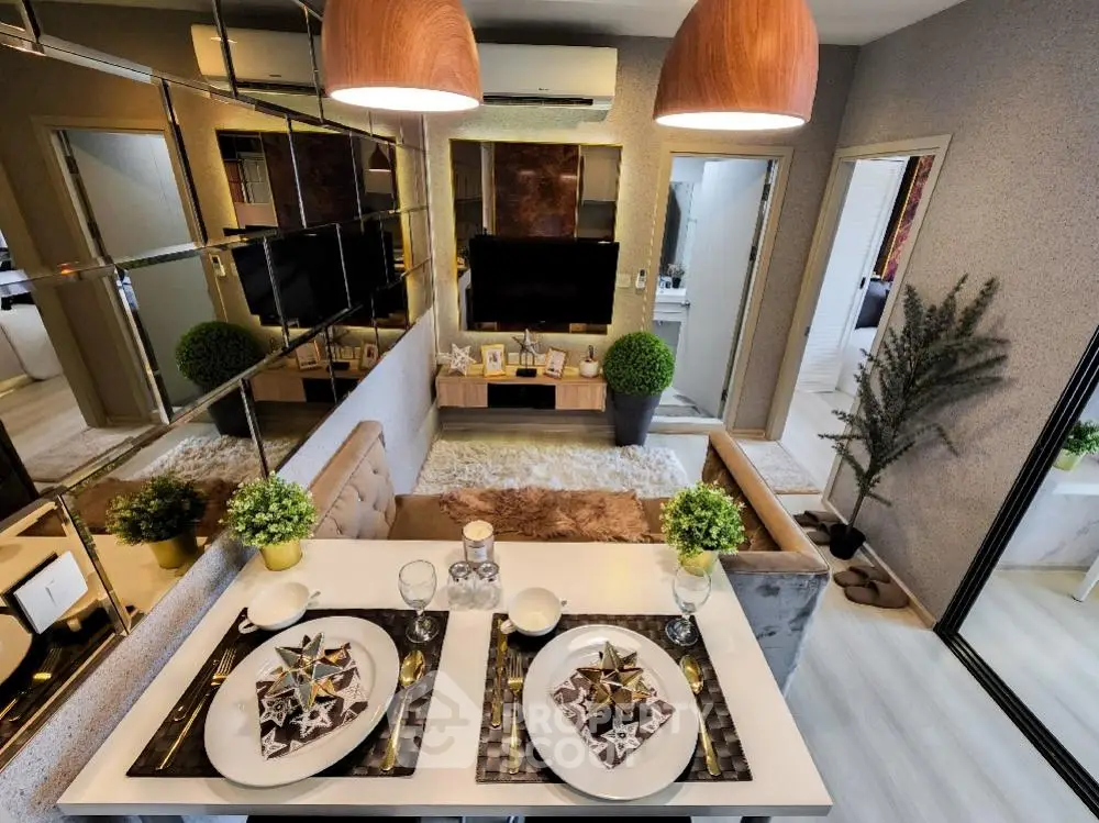 Stylish modern living room with dining area and elegant decor