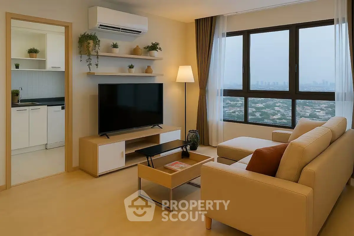Modern living room with city view, stylish furniture, and open kitchen layout.