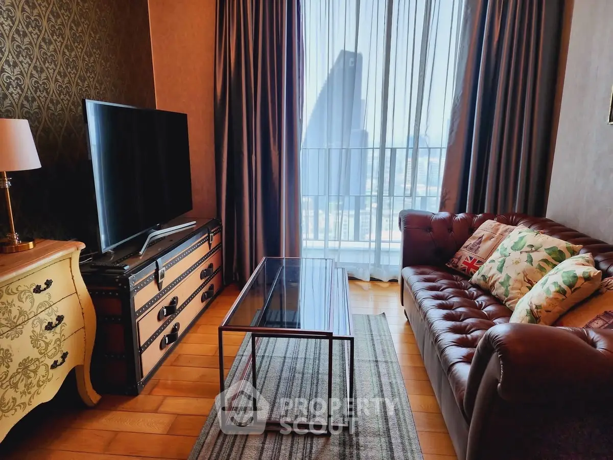 Luxurious living room with leather sofa and city view, perfect for urban living.