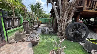 Charming garden with rustic decor and lush greenery, perfect for relaxation and outdoor gatherings.