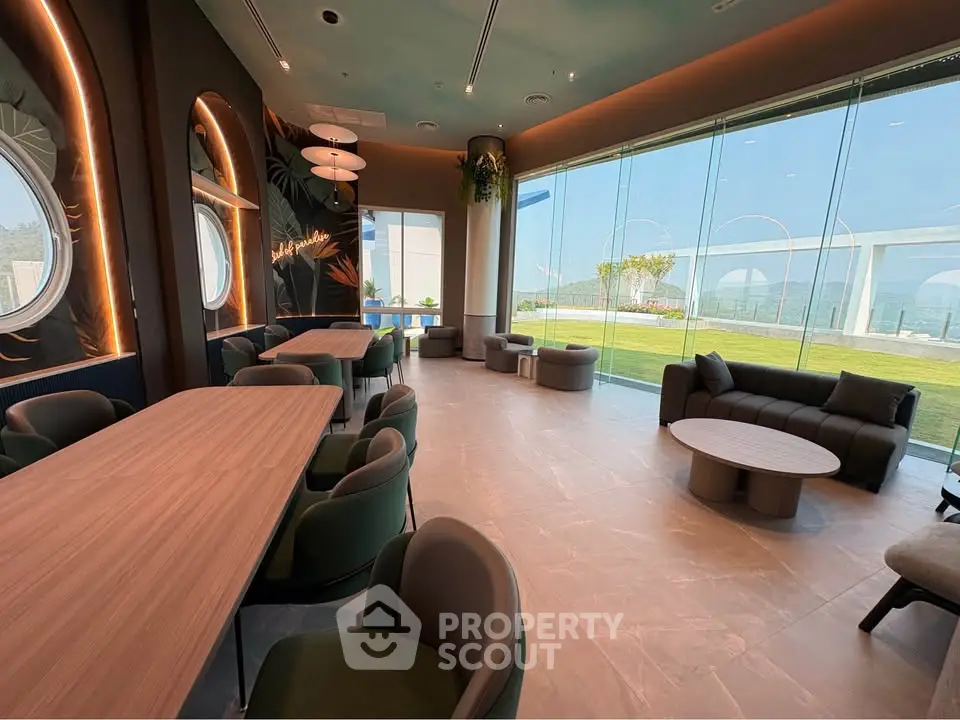 Luxurious modern lounge with panoramic windows and stylish decor