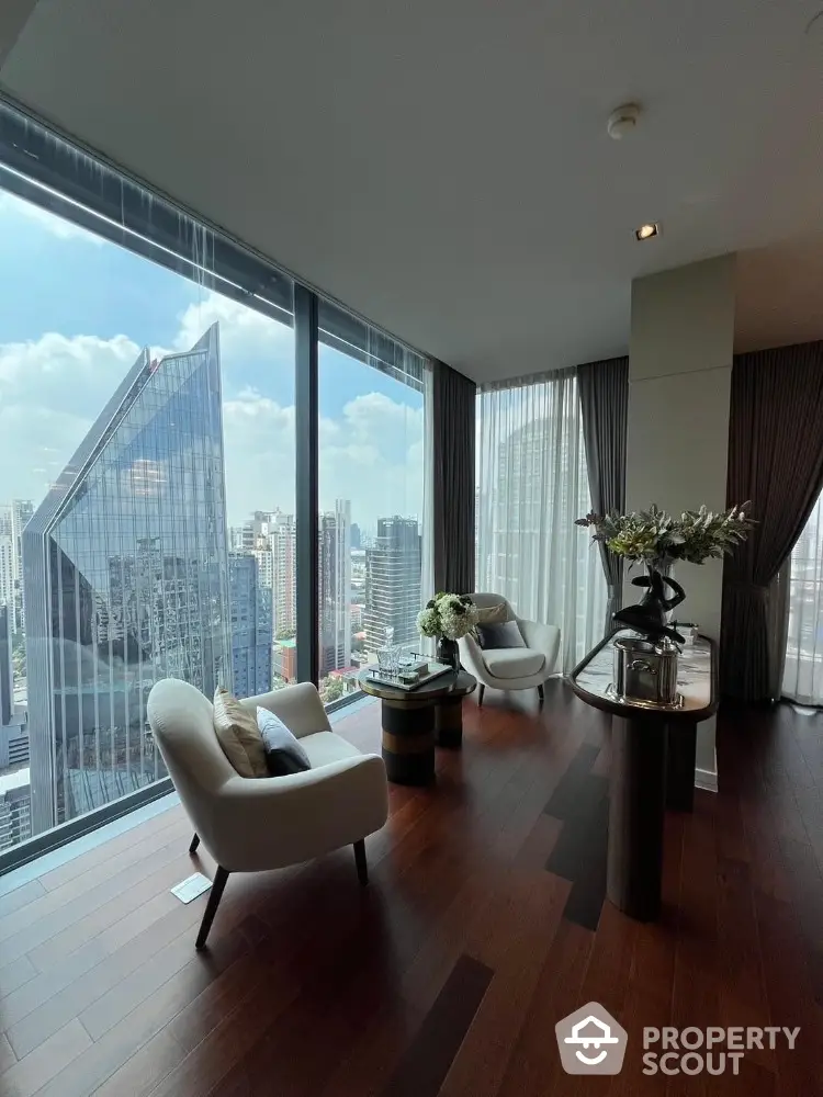 Luxurious high-rise living room with stunning cityscape view and elegant decor