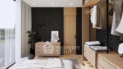 Modern bedroom with stylish wooden furniture and brick accent wall.