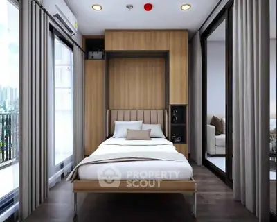 Modern bedroom with Murphy bed and stylish decor in compact space