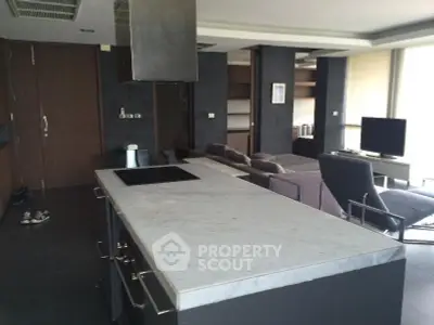 Modern open-layout living room with sleek kitchen island and stylish furnishings.
