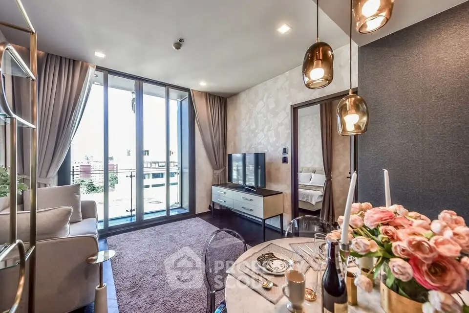 Luxurious modern living room with elegant decor and city view balcony.