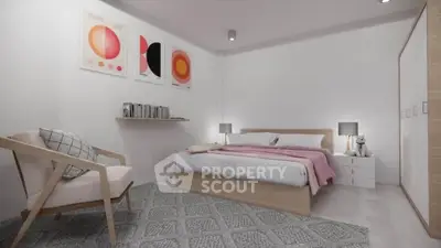 Modern bedroom with stylish decor, cozy bed, and elegant lighting for a serene ambiance.