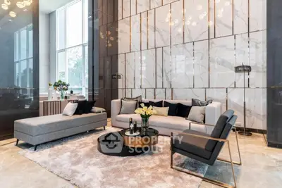Luxurious modern living room with elegant decor and large windows