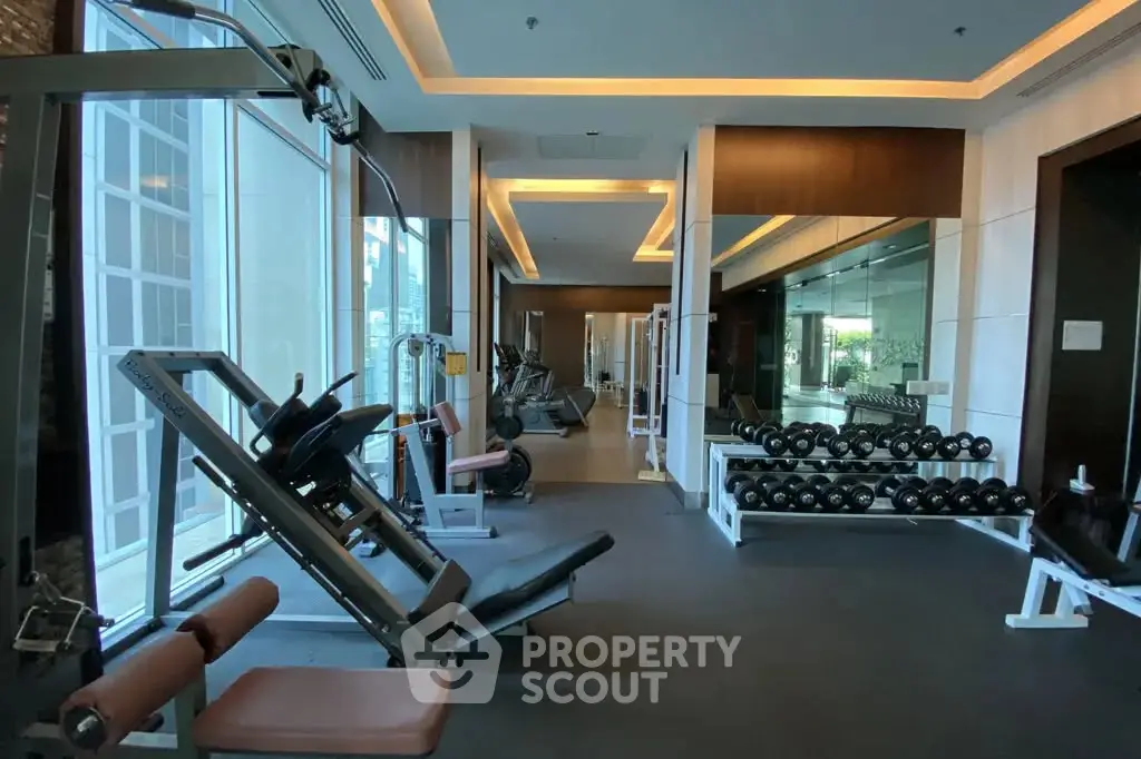 Luxurious gym with modern equipment and large windows in upscale residential building.