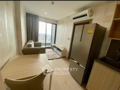Modern apartment living room with balcony view and stylish furniture