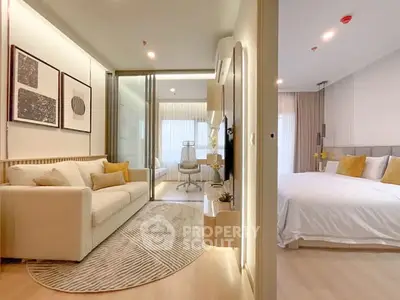 Modern apartment interior with cozy living room and elegant bedroom, featuring stylish decor and natural lighting.