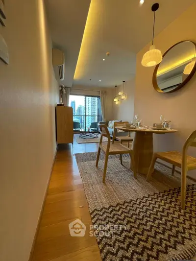 Stylish dining area with modern decor and city view, perfect for urban living.