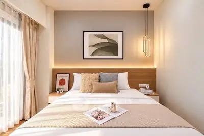 Cozy bedroom with modern decor and natural light