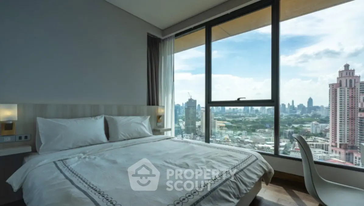 Luxurious bedroom with stunning city view from large window, featuring modern decor and cozy ambiance.