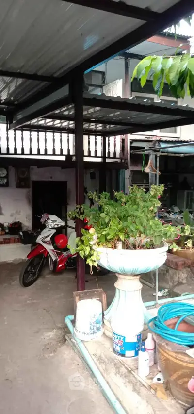 Charming rustic outdoor space with covered patio and lush greenery, perfect for relaxation.
