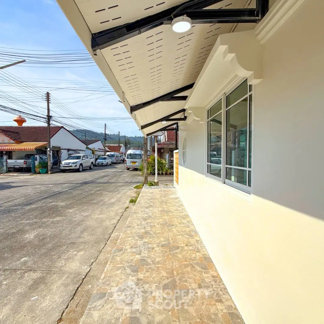 Charming suburban street view with modern house exterior and tiled walkway.