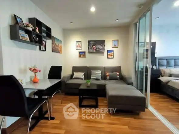 Modern living room with stylish decor and cozy seating area