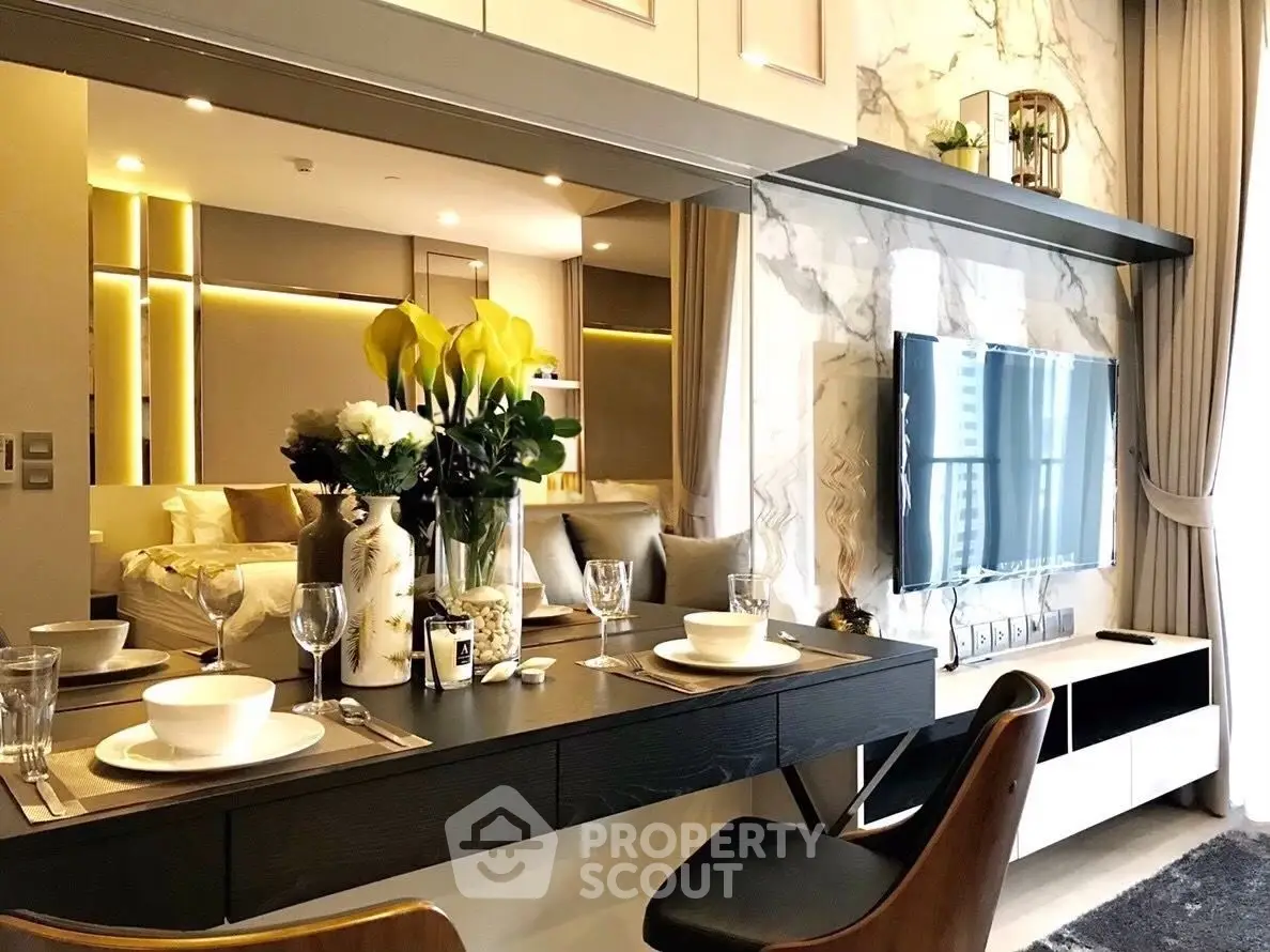 Luxurious modern living room with elegant dining setup and stylish decor