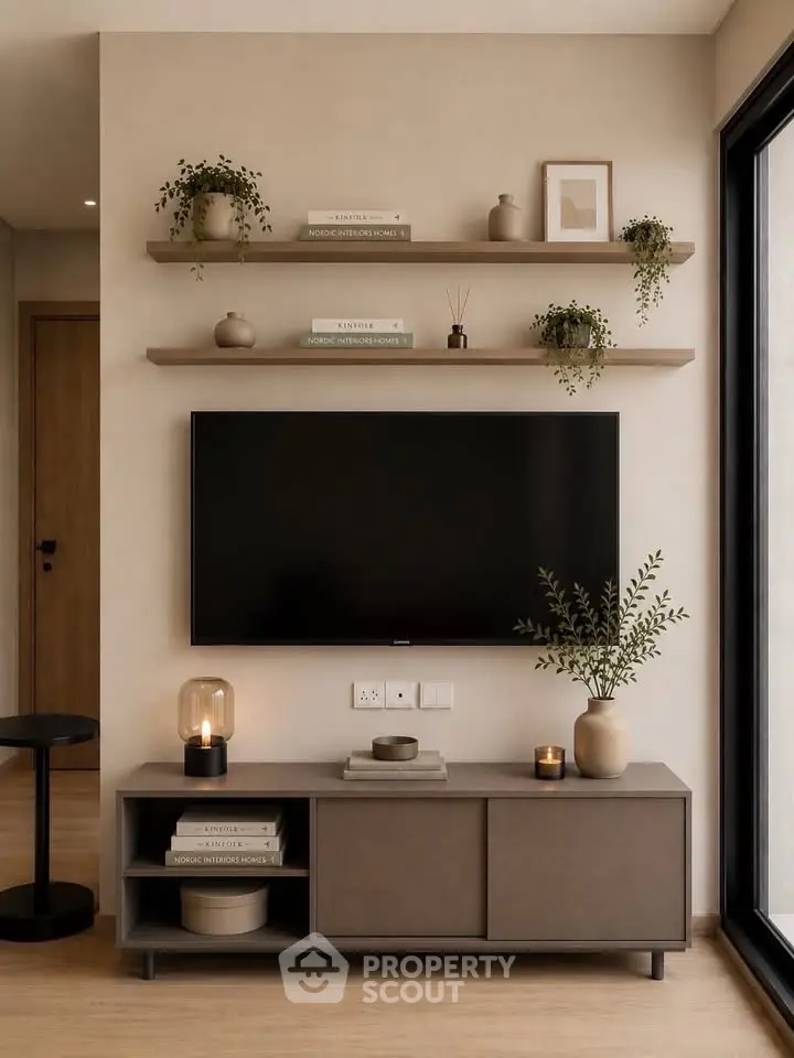 Modern living room with sleek TV setup and stylish decor
