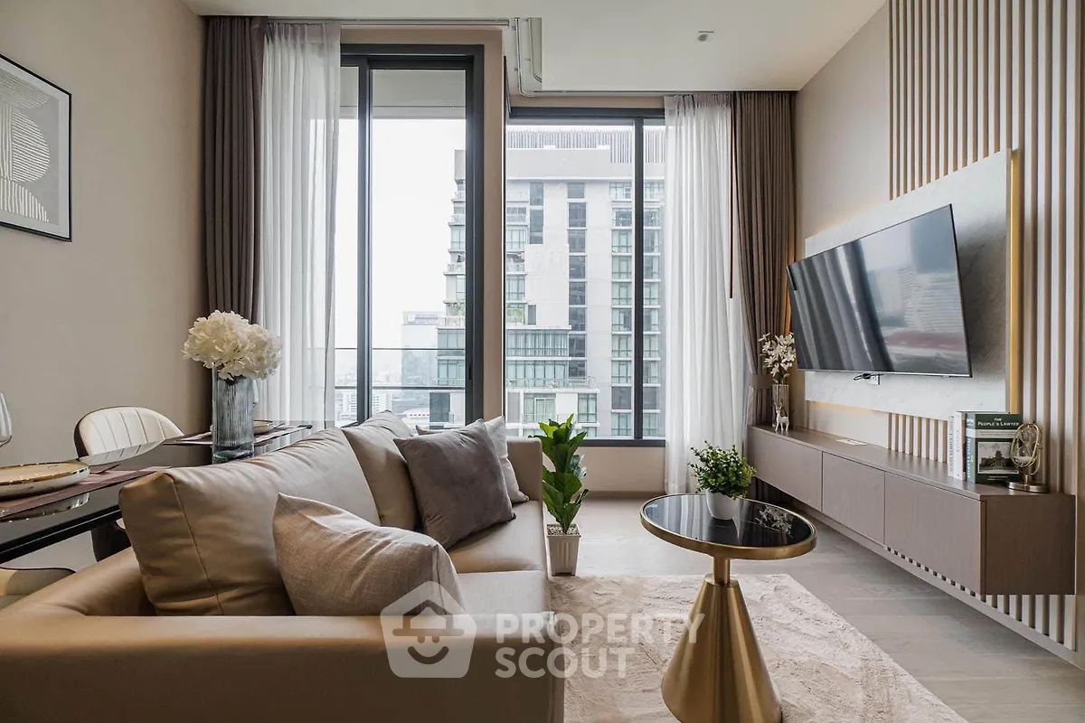 Luxurious modern living room with elegant decor and city view balcony