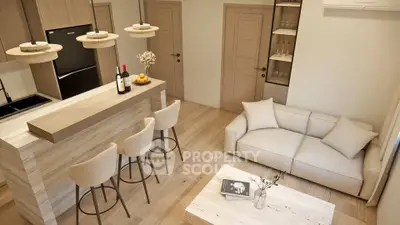 Modern open-plan living room with stylish kitchen bar and cozy seating area.
