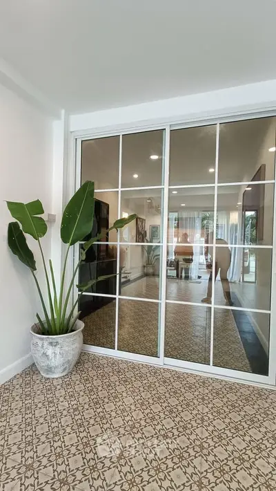 Stylish modern living room with large mirror and indoor plant