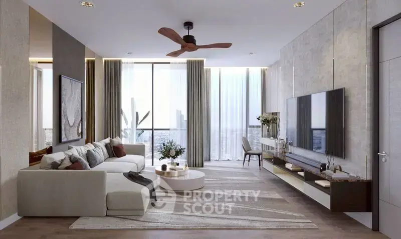 Luxurious modern living room with elegant decor and stunning city view.