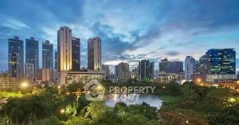 Stunning cityscape view with lush greenery and modern skyscrapers at dusk.