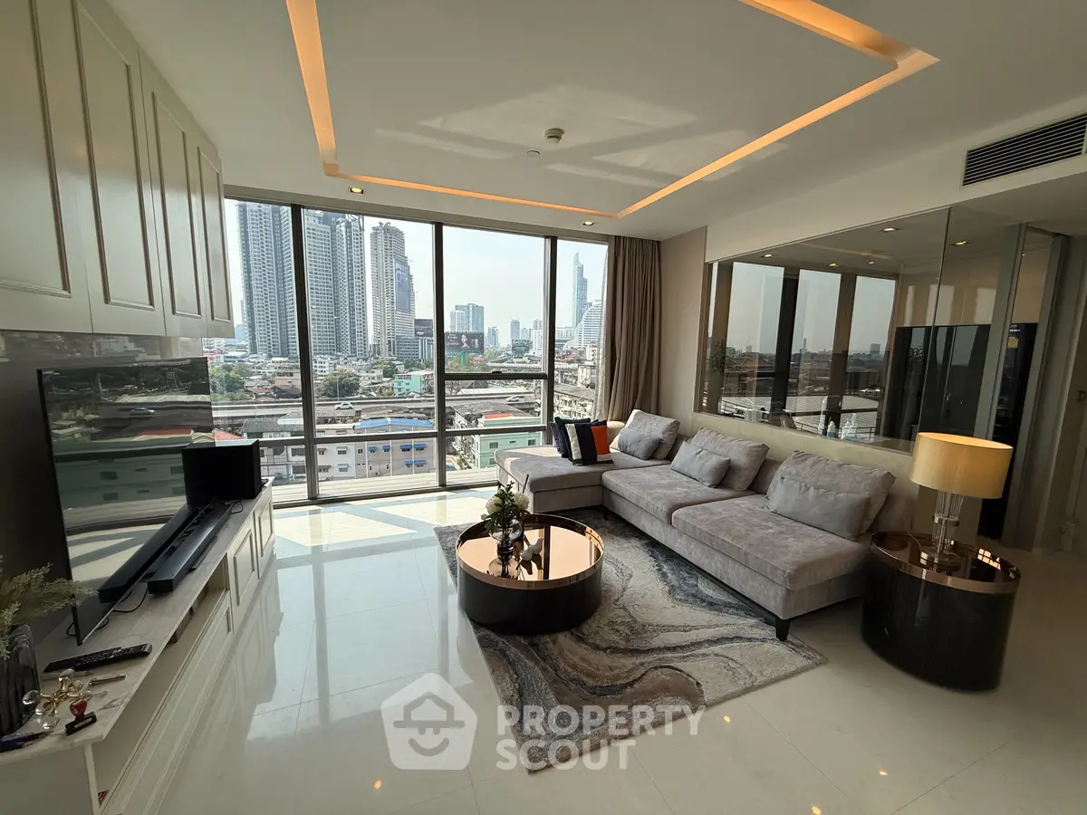 Luxurious living room with stunning city view and modern decor