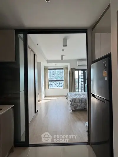 Modern apartment interior with open layout and city view