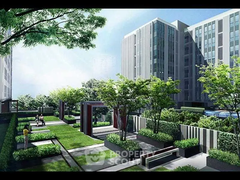 Modern apartment complex with lush landscaped garden and seating areas.