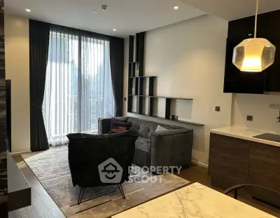 Modern living room with elegant decor and natural light, featuring a cozy sofa and stylish shelving.