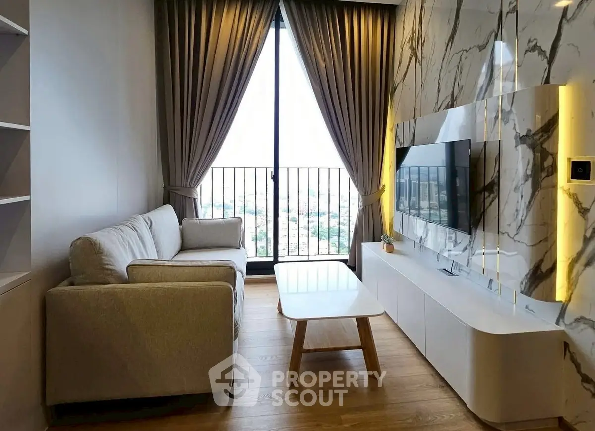 Modern living room with marble accent wall and large window view