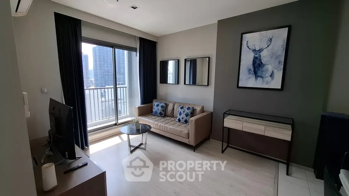 Modern living room with stylish decor and balcony view in urban apartment