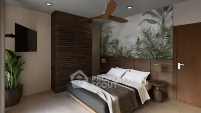 Luxurious bedroom with modern decor, wooden accents, and stylish ceiling fan.